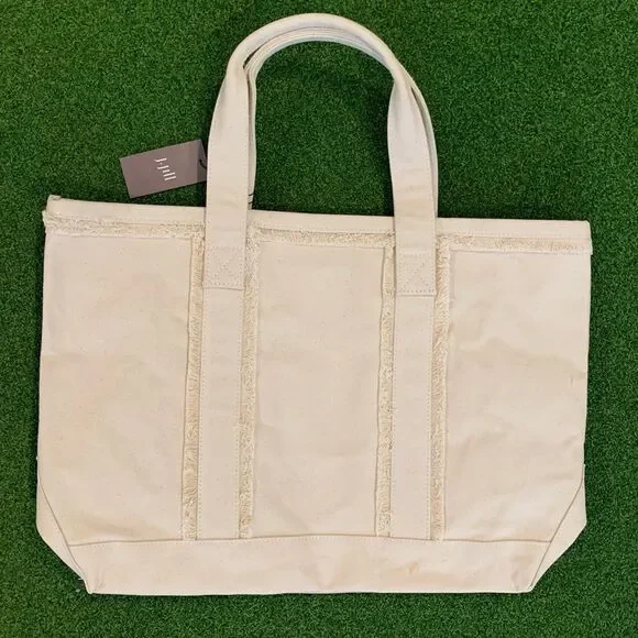 NWT J. Jill Women's Fringe-Trimmed Canvas Tote Bag Natural Cream 100% Cotton - Picture 2 of 8